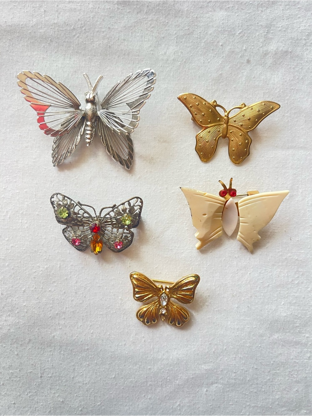 Lot of 5 Vintage Butterfly Brooch Lot - Mixed Metal & Cream Accents